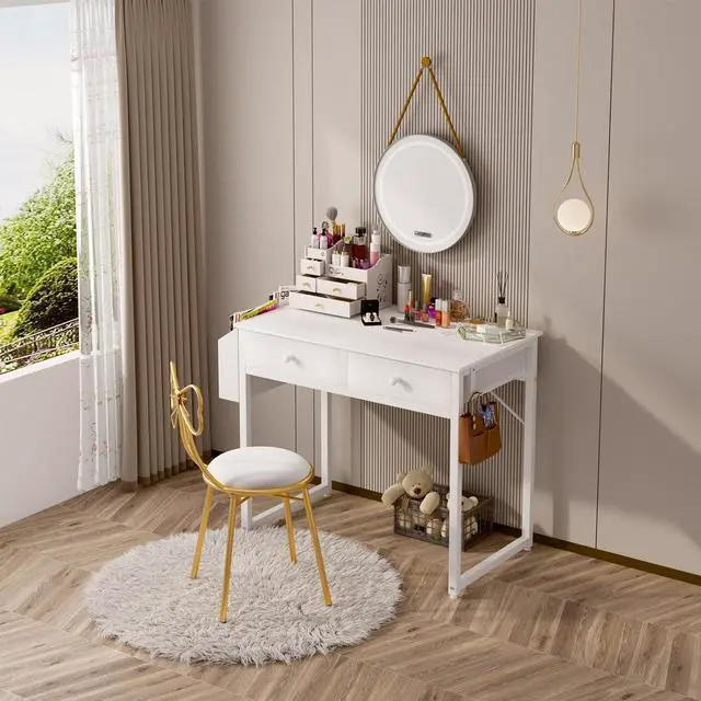 Alt view image 4 of 7 - Small White Desk with Drawers - for Bedroom, 32 Inch Home Office Computer Desk with Fabric Storage Drawer and Bag, Study Writing Table for Small Spaces, White