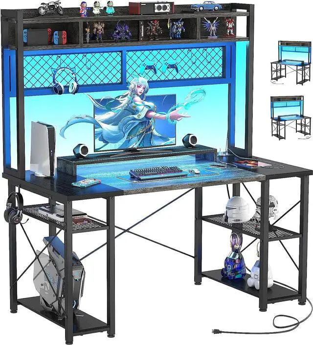 Main image of armocity 2024 Upgrade Gaming Desk with Hutch, 48'' Magic Computer Desk with LED and Outlets, Reversible Workstation Desk with Pegboard, Grey/Black