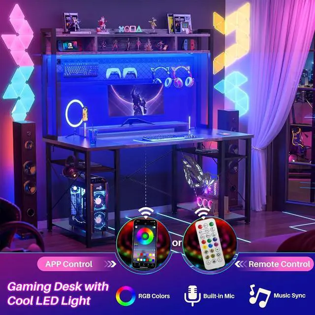 Alt view image 3 of 7 - armocity 2024 Upgrade Gaming Desk with Hutch, 48'' Magic Computer Desk with LED and Outlets, Reversible Workstation Desk with Pegboard, Grey/Black