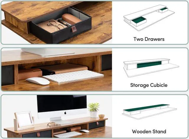 Alt view image 4 of 7 - 55 x 24 Inch Height Adjustable Electric Standing Desk with Double Drawer, Stand Up Desk with Storage Shelf, Sit Stand Desk, Rustic Brown