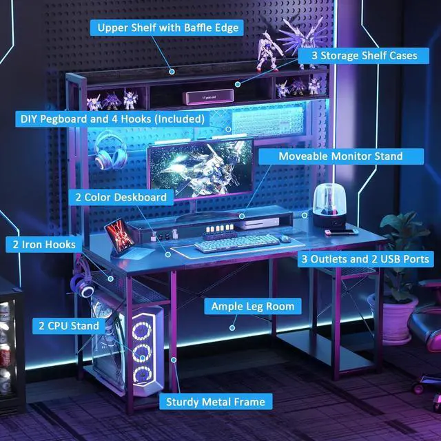 Alt view image 6 of 7 - armocity 2024 Upgrade Gaming Desk with Hutch, 48'' Magic Computer Desk with LED and Outlets, Reversible Workstation Desk with Pegboard, Grey/Black
