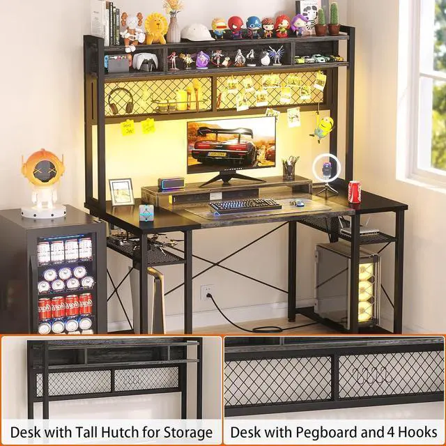 Alt view image 7 of 7 - armocity 2024 Upgrade Gaming Desk with Hutch, 48'' Magic Computer Desk with LED and Outlets, Reversible Workstation Desk with Pegboard, Grey/Black