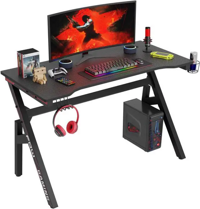 Main image of 47 Inch Gaming Desk PC Carbon Fiber Table Ultimate Gamer Workstation with Cup Holder & Headphone Hook for Home Office,Red