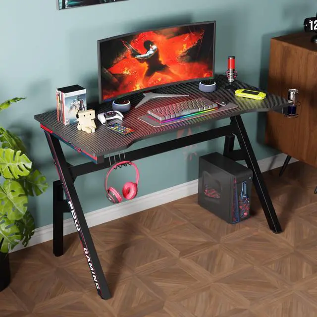 Alt view image 2 of 7 - 47 Inch Gaming Desk PC Carbon Fiber Table Ultimate Gamer Workstation with Cup Holder & Headphone Hook for Home Office,Red