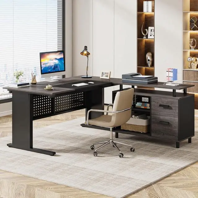 Alt view image 3 of 7 - 63 Inch Executive Desk with File Cabinet, Large Office Desk L Shaped Computer Desk with Drawers and Storage Shelves, Business Furniture Desk Workstation for Home Office, Gray and Black