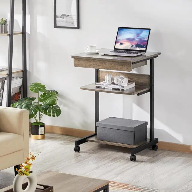 Alt view image 2 of 7 - Yaheetech Small Rolling Computer Desk with Storage Drawer, Rolling Home Office Computer Desk with Keyboard Tray, Laptop Desk with Wheels and Drawer, Taupe Wood