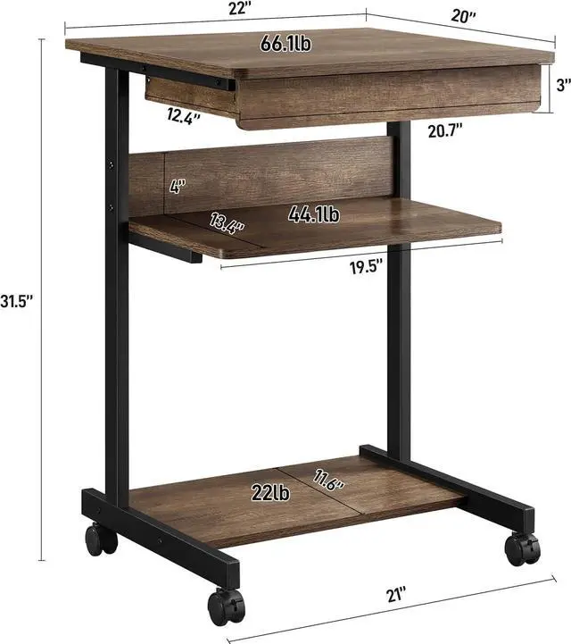 Alt view image 3 of 7 - Yaheetech Small Rolling Computer Desk with Storage Drawer, Rolling Home Office Computer Desk with Keyboard Tray, Laptop Desk with Wheels and Drawer, Taupe Wood