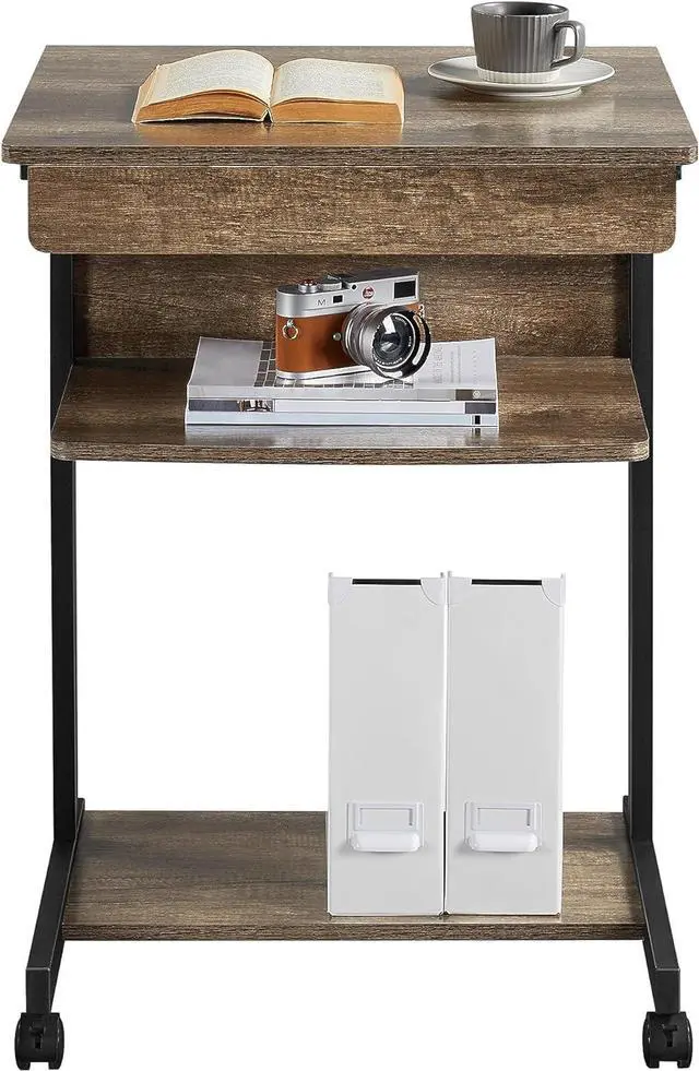 Alt view image 4 of 7 - Yaheetech Small Rolling Computer Desk with Storage Drawer, Rolling Home Office Computer Desk with Keyboard Tray, Laptop Desk with Wheels and Drawer, Taupe Wood