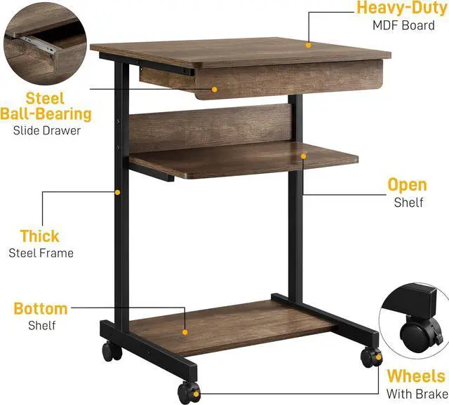 Alt view image 5 of 7 - Yaheetech Small Rolling Computer Desk with Storage Drawer, Rolling Home Office Computer Desk with Keyboard Tray, Laptop Desk with Wheels and Drawer, Taupe Wood