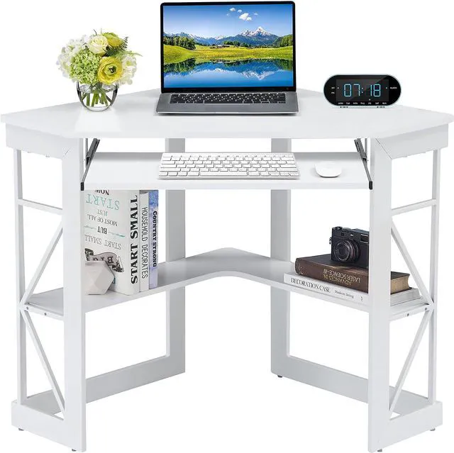 Main image of VECELO Corner Computer Desk 41 x 30 inches with Smooth Keyboard & Storage Shelves for Home Office Workstation, White