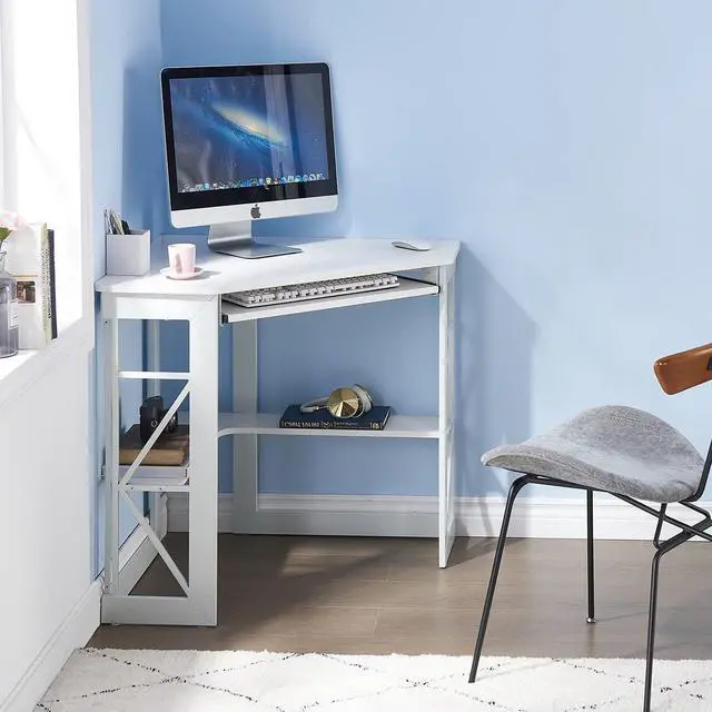 Alt view image 2 of 7 - VECELO Corner Computer Desk 41 x 30 inches with Smooth Keyboard & Storage Shelves for Home Office Workstation, White