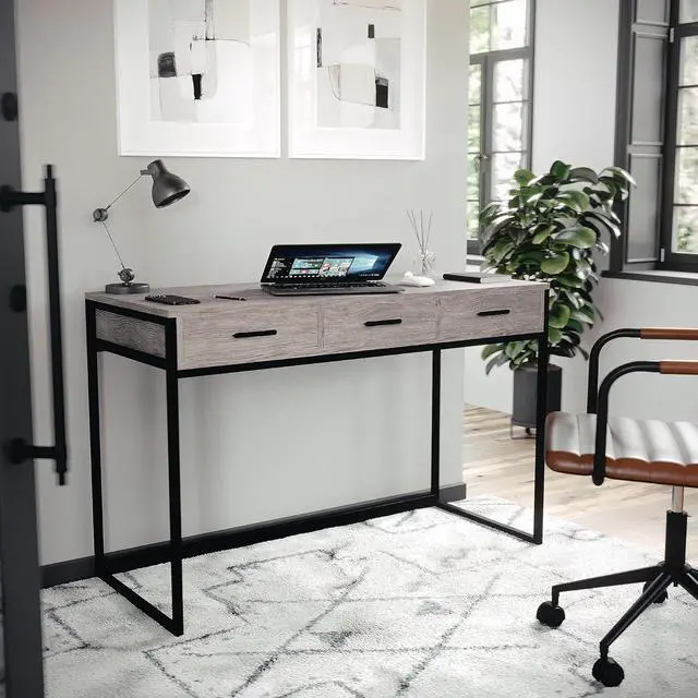 Alt view image 2 of 7 - Martha Stewart Ollie Home Office Desk with 3 Drawers in Gray Wood Grain with Oil Rubbed Bronze Hardware