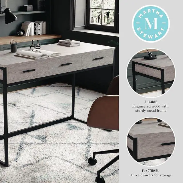 Alt view image 4 of 7 - Martha Stewart Ollie Home Office Desk with 3 Drawers in Gray Wood Grain with Oil Rubbed Bronze Hardware