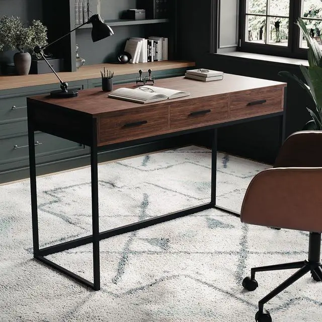 Alt view image 2 of 7 - Martha Stewart Ollie Home Office Desk with 3 Drawers in Walnut Wood Grain with Oil Rubbed Bronze Hardware