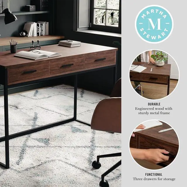Alt view image 4 of 7 - Martha Stewart Ollie Home Office Desk with 3 Drawers in Walnut Wood Grain with Oil Rubbed Bronze Hardware