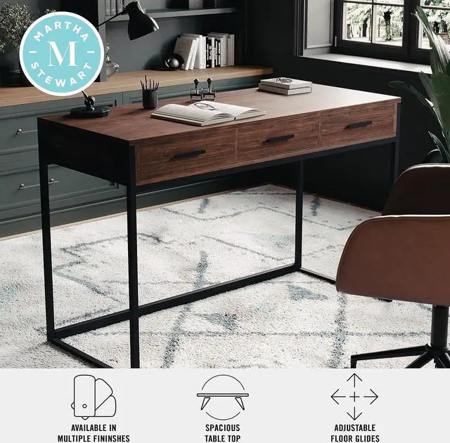 Alt view image 5 of 7 - Martha Stewart Ollie Home Office Desk with 3 Drawers in Walnut Wood Grain with Oil Rubbed Bronze Hardware