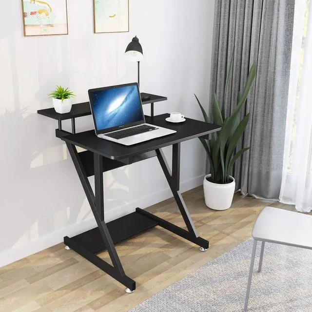 Alt view image 2 of 7 - Dripex Computer Desk for Small Spaces, 27.5 inch Small Computer Desk, 3 Tier Compact Desk with Monitor Shelf and Bottom Storage Shelves, Space Saving Desk, Black