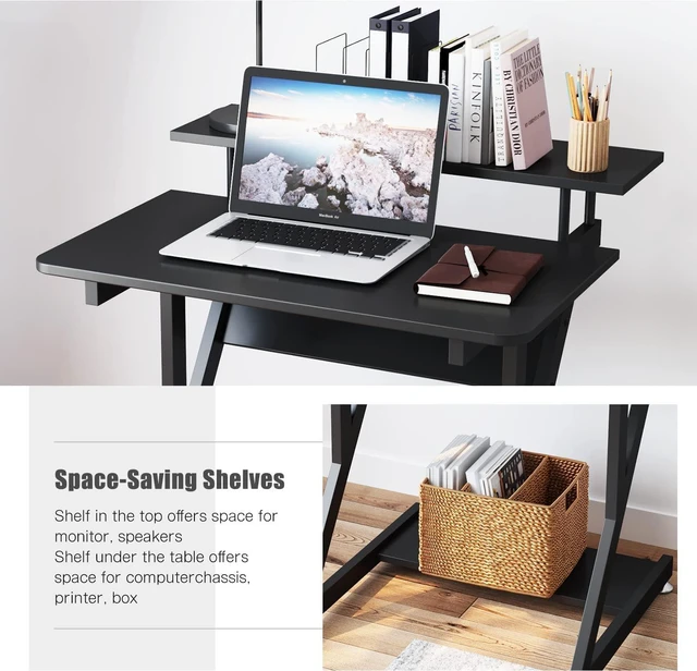Alt view image 6 of 7 - Dripex Computer Desk for Small Spaces, 27.5 inch Small Computer Desk, 3 Tier Compact Desk with Monitor Shelf and Bottom Storage Shelves, Space Saving Desk, Black