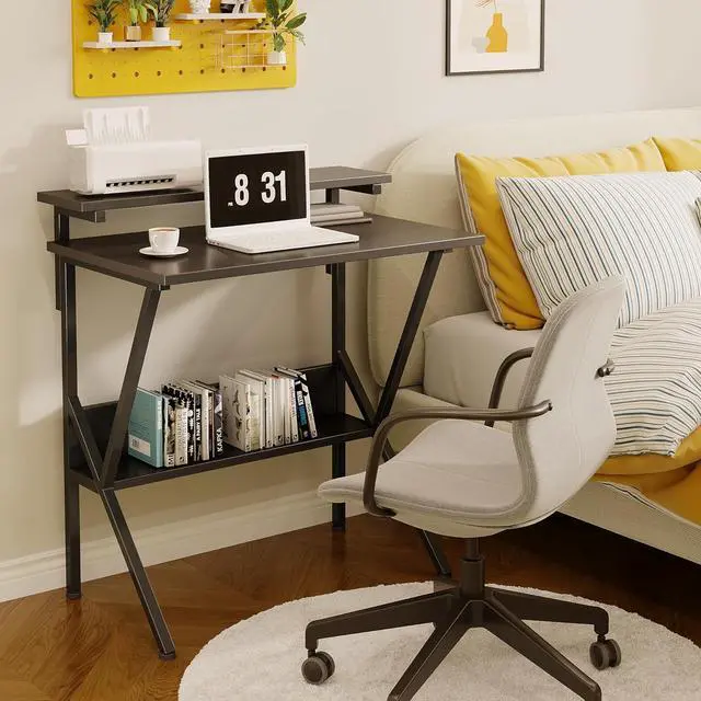 Alt view image 7 of 7 - COTUBLR Small Desk, 27.5 Inch Small Computer Desk for Small Spaces, Computer Desk with Adjustable Monitor Stand, Compact Desk with Storage, Tiny Desk Study Desk for Bedroom Home Office, Black