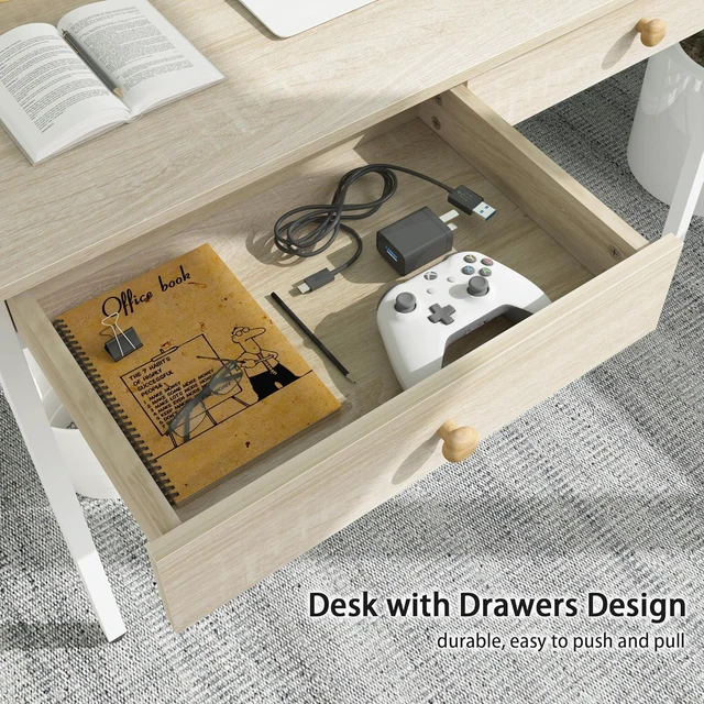 Alt view image 5 of 7 - Weehom Computer Desk with Drawers, Home Office Workstation, Beige
