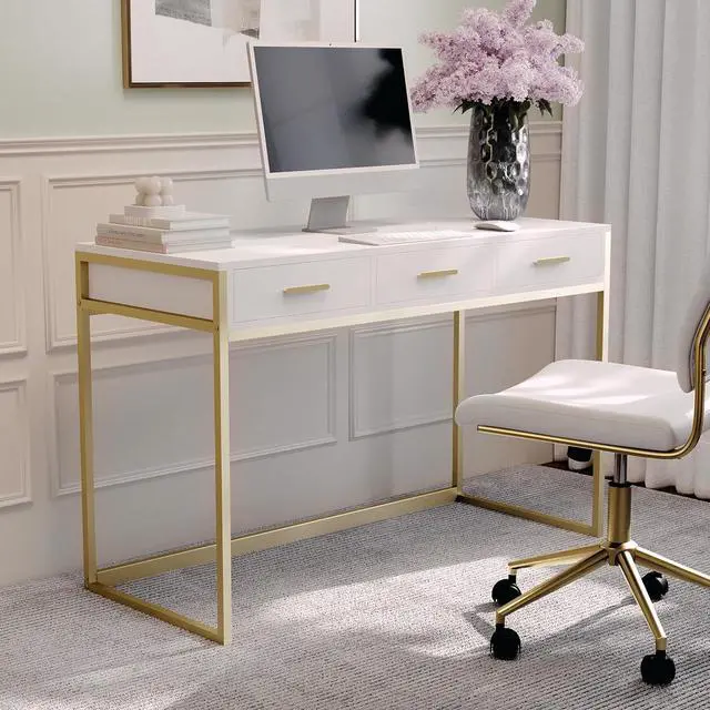Main image of Martha Stewart Ollie Home Office Desk with 3 Drawers in White with Polished Brass Hardware