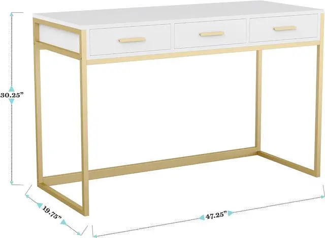 Alt view image 2 of 7 - Martha Stewart Ollie Home Office Desk with 3 Drawers in White with Polished Brass Hardware