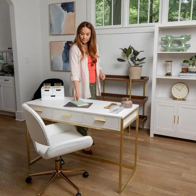 Alt view image 3 of 7 - Martha Stewart Ollie Home Office Desk with 3 Drawers in White with Polished Brass Hardware
