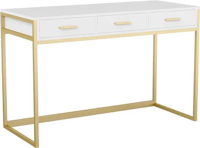 Alt view image 4 of 7 - Martha Stewart Ollie Home Office Desk with 3 Drawers in White with Polished Brass Hardware