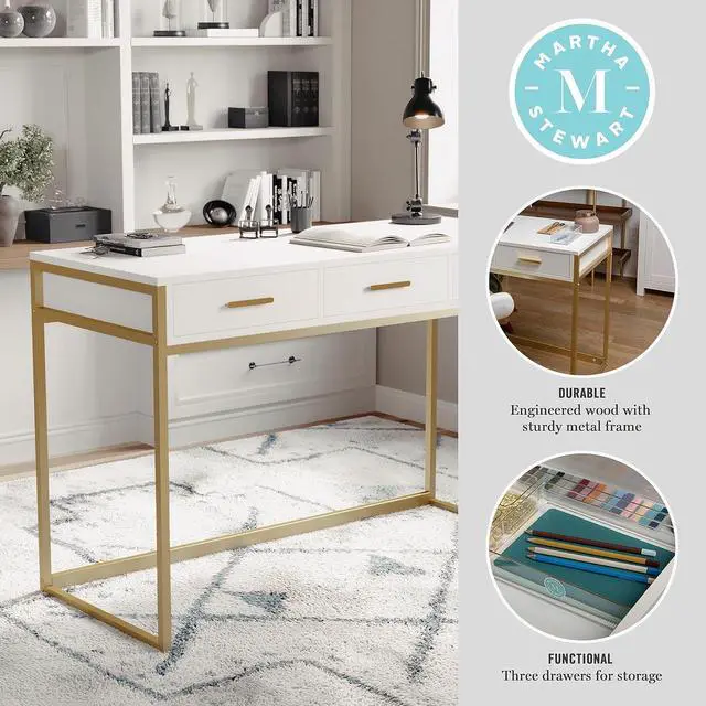 Alt view image 5 of 7 - Martha Stewart Ollie Home Office Desk with 3 Drawers in White with Polished Brass Hardware