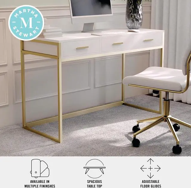 Alt view image 6 of 7 - Martha Stewart Ollie Home Office Desk with 3 Drawers in White with Polished Brass Hardware