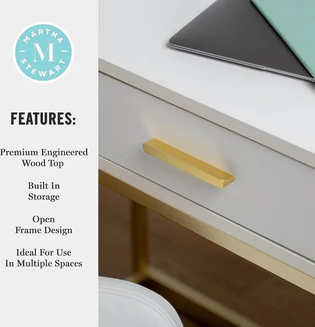 Alt view image 7 of 7 - Martha Stewart Ollie Home Office Desk with 3 Drawers in White with Polished Brass Hardware