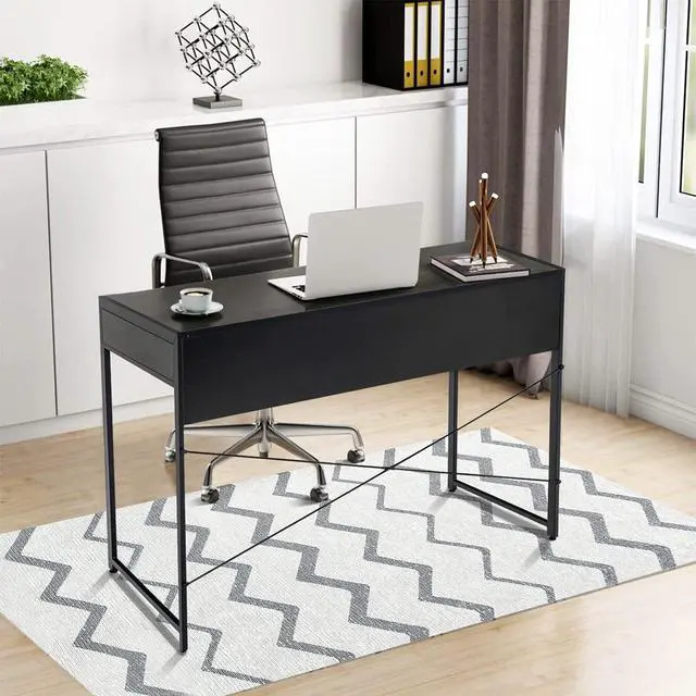 Alt view image 2 of 7 - GOFLAME 44 inch Computer Desk with 2 Storage Drawers, Home Office Desk with Steel Frame, Simple Study Writing Workstation, Makeup Vanity Console Table for Living Room, Bedroom & Study (Black)