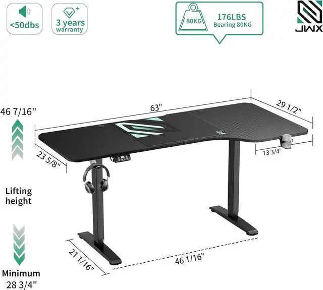 Alt view image 2 of 7 - JWX Standing Adjustable Desk, 63 inches L Shaped Electric Standing Gaming Desk with Locking Wheels, Cup Holder, Headphone Hook, Cable Manager, Mouse pad, Carbon Fiber Textured Pane