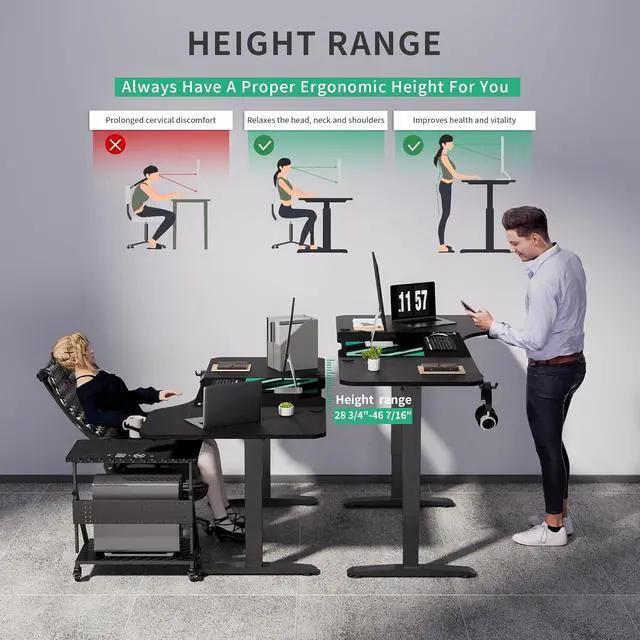 Alt view image 4 of 7 - JWX Standing Adjustable Desk, 63 inches L Shaped Electric Standing Gaming Desk with Locking Wheels, Cup Holder, Headphone Hook, Cable Manager, Mouse pad, Carbon Fiber Textured Pane