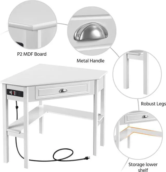 Alt view image 5 of 7 - Yaheetech L Shaped Corner Computer Desk with Power Outlets, Reversible Triangle Workstation with USB Ports and Hook for Small Space, Modern Home Office Desk Gaming Table with Drawer & Shelf, White