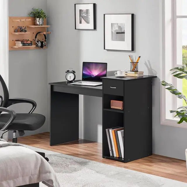 Alt view image 2 of 7 - Yaheetech Home Office Computer Desk with Storage Drawer and Monitor Stand, Wooden PC Laptop Desk, Modern Simple Style Computer Workstation Study Writing Desk, Black