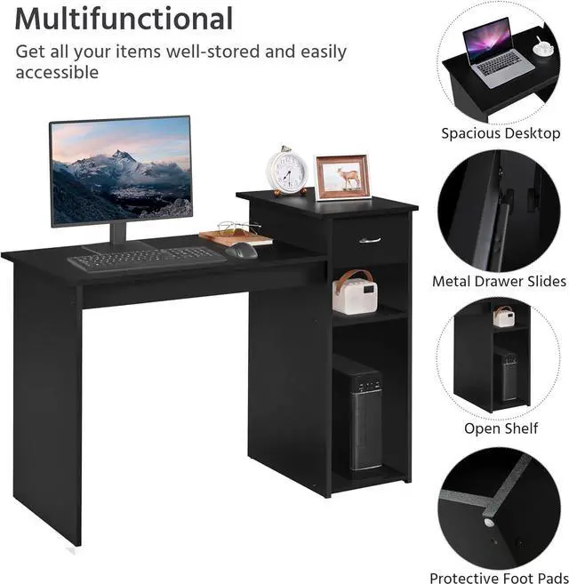Alt view image 5 of 7 - Yaheetech Home Office Modern Desk and Chair Set Computer Desk w/Drawer & Shelves with Ergonomic Mesh Height Adjustable Office Chair