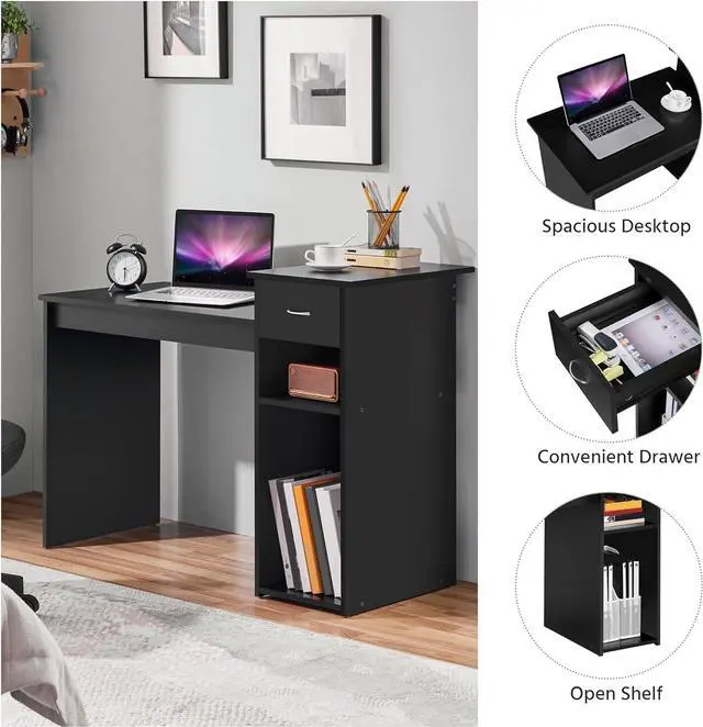 Alt view image 6 of 7 - Yaheetech Home Office Computer Desk with Storage Drawer and Monitor Stand, Wooden PC Laptop Desk, Modern Simple Style Computer Workstation Study Writing Desk, Black