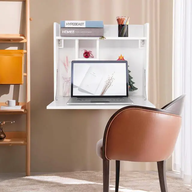 Alt view image 6 of 7 - YUSING Wall Mounted Table, Multifunctional Fold Down Wall Mounted Laptop Computer Desk with Storage Compartments for Home, Office, White