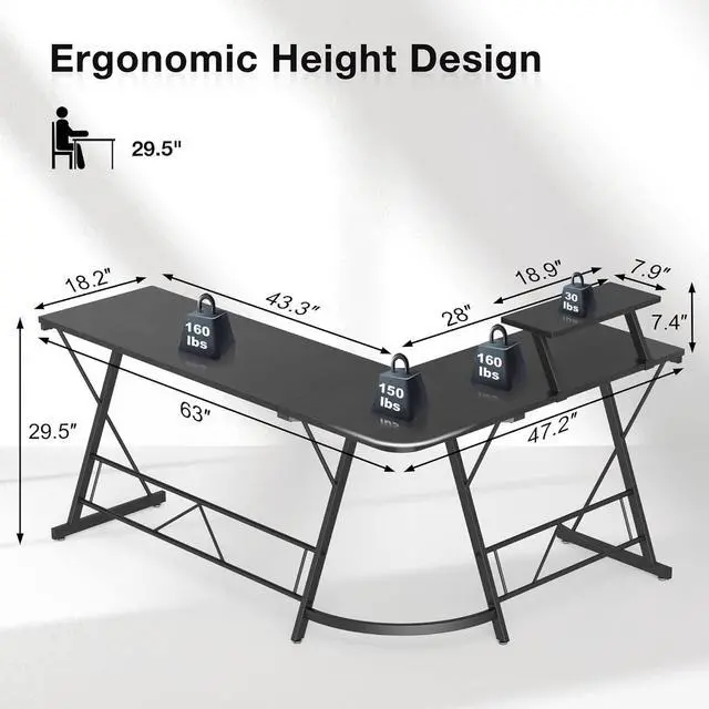 Alt view image 3 of 7 - Mr IRONSTONE 63" L Shaped Computer Desk, Corner Desk, Home Office Desk, Gaming Writing Workstation with Large Monitor Stand, Easy to Assemble, Black