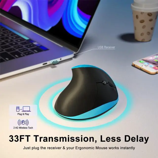 Alt view image 2 of 7 - Vassink Ergonomic Mouse, Rechargeable Wireless Mouse Right Handed Small Mouse with 6 Buttons 3 Adjustable 800/1200/1600 DPI for Laptop,Desktop,PC, MacBookBlue