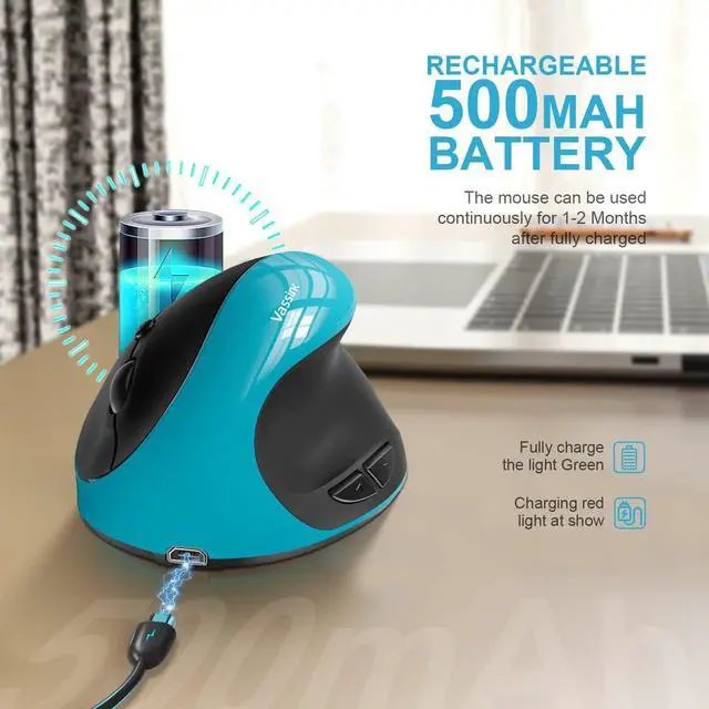 Alt view image 3 of 7 - Vassink Ergonomic Mouse, Rechargeable Wireless Mouse Right Handed Small Mouse with 6 Buttons 3 Adjustable 800/1200/1600 DPI for Laptop,Desktop,PC, MacBookBlue