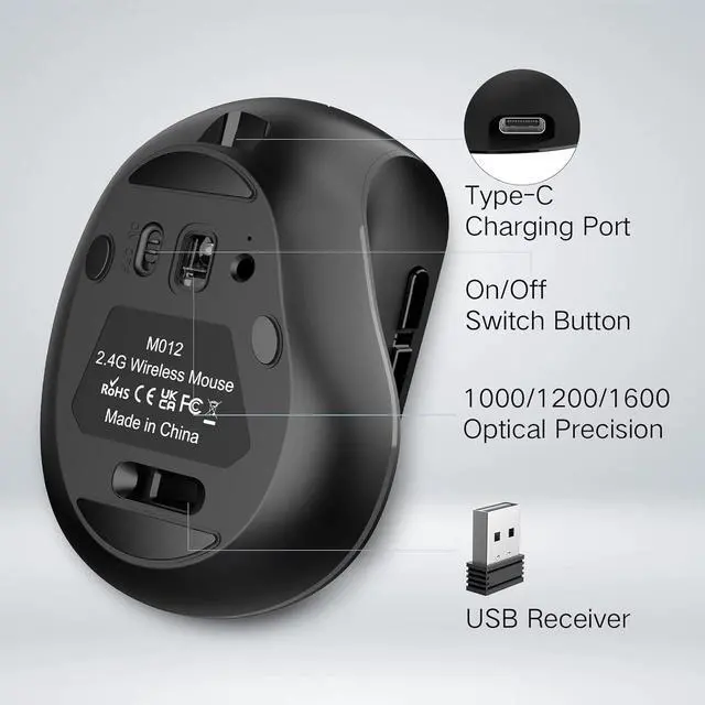 Alt view image 4 of 7 - LED Wireless Vertical Mouse, PINKCAT 2.4G Silent Rechargeable Advanced Ergonomic Mouse with USB Receiver and Type C Adapte, 3 Adjustable DPI Optical Wireless Ergo Mouse for Deskbtop