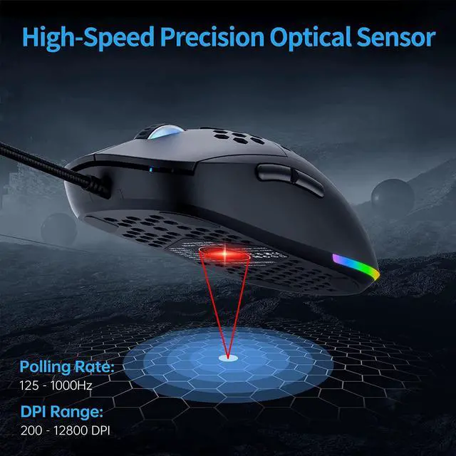 Alt view image 2 of 7 - TMKB Falcon M1SE Ultralight Honeycomb Gaming Mouse, High-Precision 12800DPI Optical Sensor, 6 Programmable Buttons, Customizable RGB, Drag-Free Paracord, Ergonomic Wired Gaming Mouse - Matte Black