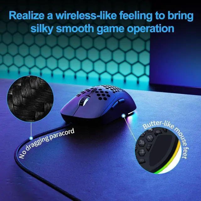 Alt view image 5 of 7 - TMKB Falcon M1SE Ultralight Honeycomb Gaming Mouse, High-Precision 12800DPI Optical Sensor, 6 Programmable Buttons, Customizable RGB, Drag-Free Paracord, Ergonomic Wired Gaming Mouse - Matte Black