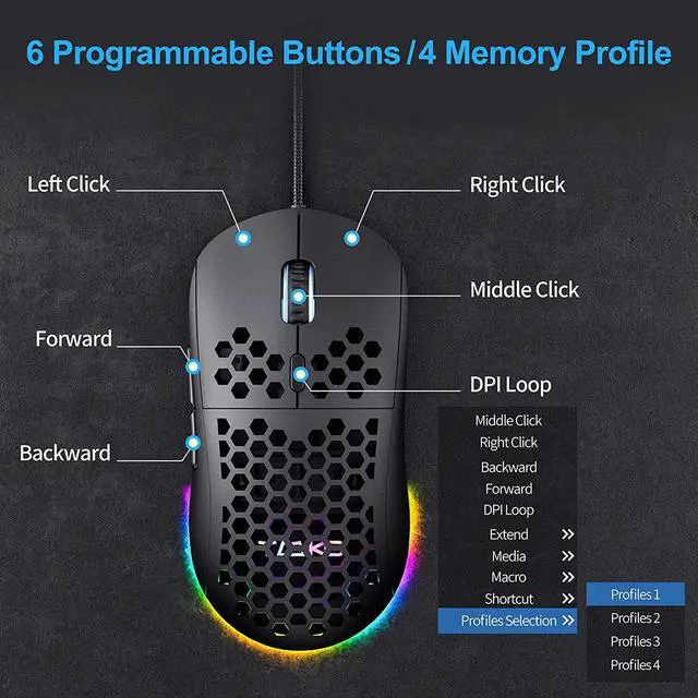 Alt view image 3 of 7 - TMKB Falcon M1SE Ultralight Honeycomb Gaming Mouse, High-Precision 12800DPI Optical Sensor, 6 Programmable Buttons, Customizable RGB, Drag-Free Paracord, Ergonomic Wired Gaming Mouse - Matte Black