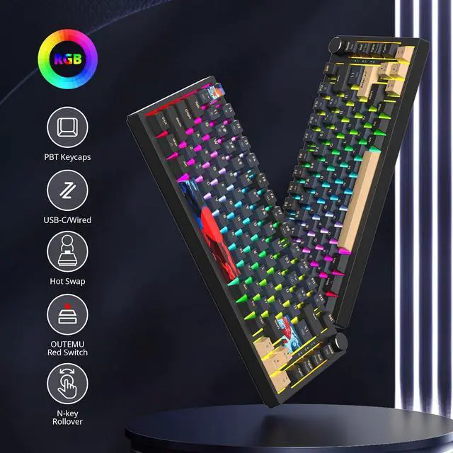 Alt view image 4 of 7 - Fogruaden 75% Wired Mechanical Gaming Keyboard 75 Percent Keyboard Hot Swappable, Red Switch, RGB Backlit 82 Keys TKL Mechanical Keyboard, NKRO Compact Keyboard with Volume Control Knob (BlueSamurai)