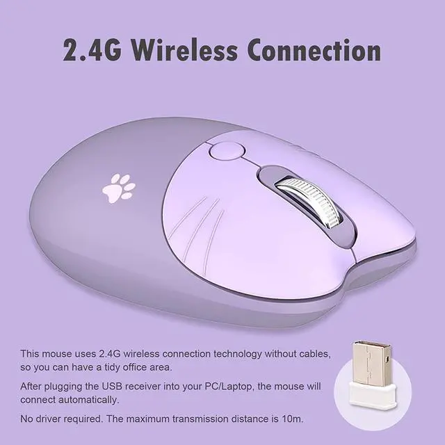 Alt view image 3 of 7 - Lomiluskr Cute Cat Wireless Mouse, Lightweight Soundless Mice, 2.4G Wireless Mice, Candy Colors, Kawaii Mouse for Girls and Kids (Purple)