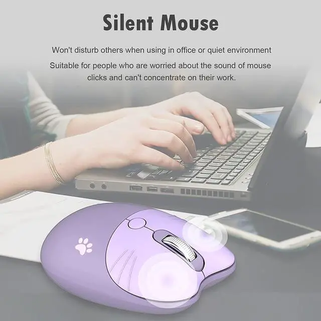 Alt view image 4 of 7 - Lomiluskr Cute Cat Wireless Mouse, Lightweight Soundless Mice, 2.4G Wireless Mice, Candy Colors, Kawaii Mouse for Girls and Kids (Purple)
