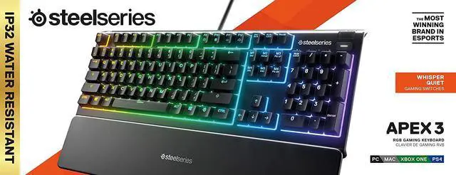 Alt view image 5 of 7 - SteelSeries Apex 3 RGB Gaming Keyboard  10-Zone RGB Illumination  IP32 Water Resistant  Premium Magnetic Wrist Rest (Whisper Quiet Gaming Switch) - BR (Brazilian Portuguese)